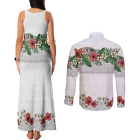 Hawaiian Tropical Flowers and Tribal Polynesian Tattoo Couples Matching Tank Maxi Dress and Long Sleeve Button Shirt White Color