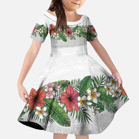 Hawaiian Tropical Flowers and Tribal Polynesian Tattoo Family Matching Mermaid Dress and Hawaiian Shirt White Color