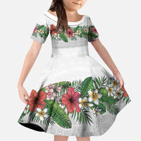 Hawaiian Tropical Flowers and Tribal Polynesian Tattoo Family Matching Off The Shoulder Long Sleeve Dress and Hawaiian Shirt White Color