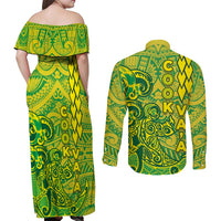 Cook Islands Vaa Polynesian Art Tattoo Couples Matching Off Shoulder Maxi Dress and Long Sleeve Button Shirt National Color