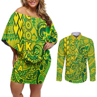 Cook Islands Vaa Polynesian Art Tattoo Couples Matching Off Shoulder Short Dress and Long Sleeve Button Shirt National Color