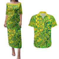 Cook Islands Vaa Polynesian Art Tattoo Couples Matching Puletasi and Hawaiian Shirt National Color