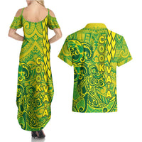 Cook Islands Vaa Polynesian Art Tattoo Couples Matching Summer Maxi Dress and Hawaiian Shirt National Color