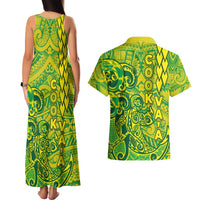 Cook Islands Vaa Polynesian Art Tattoo Couples Matching Tank Maxi Dress and Hawaiian Shirt National Color