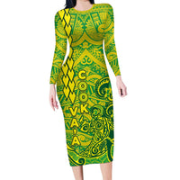 Cook Islands Va'a Polynesian Art Tattoo Family Matching Long Sleeve Bodycon Dress and Hawaiian Shirt National Color LT03 Mom's Dress Green - Yellow - Polynesian Pride