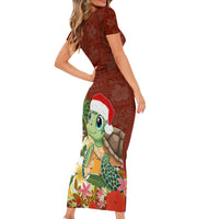 Hawaii Honu Mele Kalikimaka Short Sleeve Bodycon Dress Santa Tropical Flower Aloha Summer Red Version LT03 - Polynesian Pride