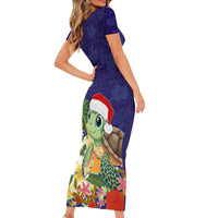 Hawaii Honu Mele Kalikimaka Family Matching Short Sleeve Bodycon Dress and Hawaiian Shirt Santa Tropical Flower Aloha Summer Blue Version LT03 - Polynesian Pride