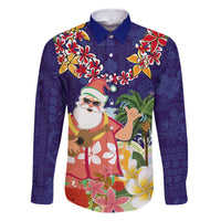 Hawaii Honu Mele Kalikimaka Family Matching Tank Maxi Dress and Hawaiian Shirt Santa Tropical Flower Aloha Summer Blue Version LT03 Dad's Shirt - Long Sleeve Blue - Polynesian Pride