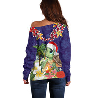 Hawaii Honu Mele Kalikimaka Off Shoulder Sweater Santa Tropical Flower Aloha Summer Blue Version LT03 - Polynesian Pride