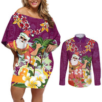 Hawaii Honu Mele Kalikimaka Couples Matching Off Shoulder Short Dress and Long Sleeve Button Shirt Santa Tropical Flower Aloha Summer Pink Version LT03 Pink - Polynesian Pride
