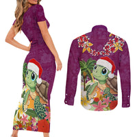 Hawaii Honu Mele Kalikimaka Couples Matching Short Sleeve Bodycon Dress and Long Sleeve Button Shirt Santa Tropical Flower Aloha Summer Pink Version LT03 - Polynesian Pride