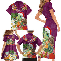 Hawaii Honu Mele Kalikimaka Family Matching Short Sleeve Bodycon Dress and Hawaiian Shirt Santa Tropical Flower Aloha Summer Pink Version LT03 - Polynesian Pride