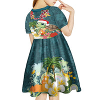 Hawaii Honu Mele Kalikimaka Kid Short Sleeve Dress Santa Tropical Flower Aloha Summer Turquoise Version LT03 - Polynesian Pride