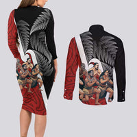 New Zealand Te Matatini Couples Matching Long Sleeve Bodycon Dress and Long Sleeve Button Shirt Kapa Haka and Silver Fern - Maori Art Pattern