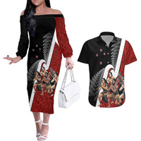 New Zealand Te Matatini Couples Matching Off The Shoulder Long Sleeve Dress and Hawaiian Shirt Kapa Haka and Silver Fern - Maori Art Pattern