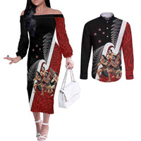 New Zealand Te Matatini Couples Matching Off The Shoulder Long Sleeve Dress and Long Sleeve Button Shirt Kapa Haka and Silver Fern - Maori Art Pattern