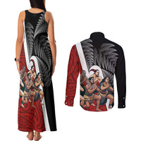 New Zealand Te Matatini Couples Matching Tank Maxi Dress and Long Sleeve Button Shirt Kapa Haka and Silver Fern - Maori Art Pattern