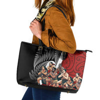 New Zealand Te Matatini Leather Tote Bag Kapa Haka and Silver Fern - Maori Art Pattern LT03 Black - Polynesian Pride