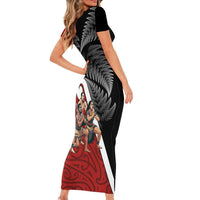 New Zealand Te Matatini Short Sleeve Bodycon Dress Kapa Haka and Silver Fern - Maori Art Pattern