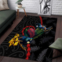 New Zealand Tui Birds Love Couple Area Rug The Heart of Silver Fern Leaves and Maori Tattoo Pattern