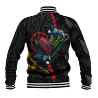 New Zealand Tui Birds Love Couple Baseball Jacket The Heart of Silver Fern Leaves and Maori Tattoo Pattern LT03 - Polynesian Pride