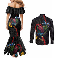 New Zealand Tui Birds Love Couple Couples Matching Mermaid Dress and Long Sleeve Button Shirt The Heart of Silver Fern Leaves and Maori Tattoo Pattern
