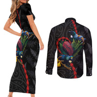 New Zealand Tui Birds Love Couple Couples Matching Short Sleeve Bodycon Dress and Long Sleeve Button Shirt The Heart of Silver Fern Leaves and Maori Tattoo Pattern