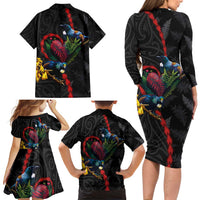 New Zealand Tui Birds Love Couple Family Matching Long Sleeve Bodycon Dress and Hawaiian Shirt The Heart of Silver Fern Leaves and Maori Tattoo Pattern LT03 - Polynesian Pride