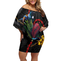 New Zealand Tui Birds Love Couple Family Matching Off Shoulder Short Dress and Hawaiian Shirt The Heart of Silver Fern Leaves and Maori Tattoo Pattern LT03 Mom's Dress Black - Polynesian Pride