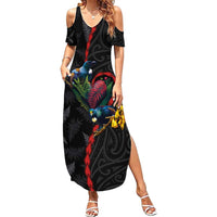New Zealand Tui Birds Love Couple Family Matching Summer Maxi Dress and Hawaiian Shirt The Heart of Silver Fern Leaves and Maori Tattoo Pattern LT03 Mom's Dress Black - Polynesian Pride
