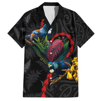 New Zealand Tui Birds Love Couple Family Matching Tank Maxi Dress and Hawaiian Shirt The Heart of Silver Fern Leaves and Maori Tattoo Pattern LT03 Dad's Shirt - Short Sleeve Black - Polynesian Pride