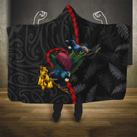 New Zealand Tui Birds Love Couple Hooded Blanket The Heart of Silver Fern Leaves and Maori Tattoo Pattern