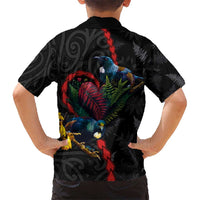 New Zealand Tui Birds Love Couple Kid Hawaiian Shirt The Heart of Silver Fern Leaves and Maori Tattoo Pattern LT03 - Polynesian Pride