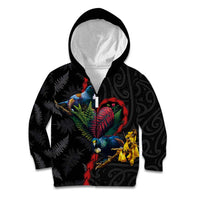 New Zealand Tui Birds Love Couple Kid Hoodie The Heart of Silver Fern Leaves and Maori Tattoo Pattern