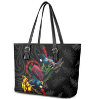 New Zealand Tui Birds Love Couple Leather Tote Bag The Heart of Silver Fern Leaves and Maori Tattoo Pattern LT03 - Polynesian Pride