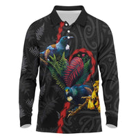 New Zealand Tui Birds Love Couple Long Sleeve Polo Shirt The Heart of Silver Fern Leaves and Maori Tattoo Pattern LT03 Black - Polynesian Pride