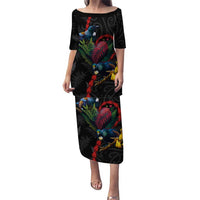 New Zealand Tui Birds Love Couple Puletasi The Heart of Silver Fern Leaves and Maori Tattoo Pattern