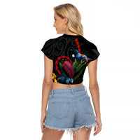New Zealand Tui Birds Love Couple Raglan Cropped T Shirt The Heart of Silver Fern Leaves and Maori Tattoo Pattern LT03 - Polynesian Pride