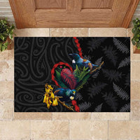 New Zealand Tui Birds Love Couple Rubber Doormat The Heart of Silver Fern Leaves and Maori Tattoo Pattern LT03 Black - Polynesian Pride