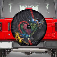 New Zealand Tui Birds Love Couple Spare Tire Cover The Heart of Silver Fern Leaves and Maori Tattoo Pattern