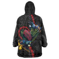 New Zealand Tui Birds Love Couple Wearable Blanket Hoodie The Heart of Silver Fern Leaves and Maori Tattoo Pattern