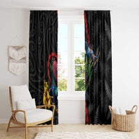 New Zealand Tui Birds Love Couple Window Curtain The Heart of Silver Fern Leaves and Maori Tattoo Pattern