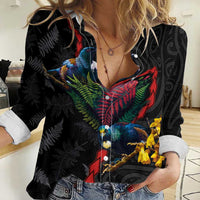 New Zealand Tui Birds Love Couple Women Casual Shirt The Heart of Silver Fern Leaves and Maori Tattoo Pattern LT03 Female Black - Polynesian Pride