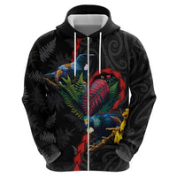 New Zealand Tui Birds Love Couple Zip Hoodie The Heart of Silver Fern Leaves and Maori Tattoo Pattern