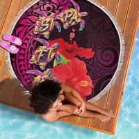 Pasifika Festival Beach Blanket Plumeria Turtles with Hibiscus - Polynesian Art Tattoo Pink Color