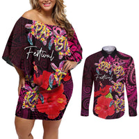Pasifika Festival Couples Matching Off Shoulder Short Dress and Long Sleeve Button Shirt Plumeria Turtles with Hibiscus - Polynesian Art Tattoo Pink Color