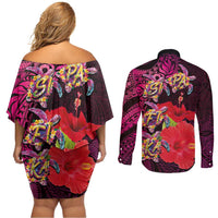 Pasifika Festival Couples Matching Off Shoulder Short Dress and Long Sleeve Button Shirt Plumeria Turtles with Hibiscus - Polynesian Art Tattoo Pink Color