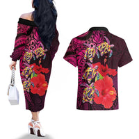 Pasifika Festival Couples Matching Off The Shoulder Long Sleeve Dress and Hawaiian Shirt Plumeria Turtles with Hibiscus - Polynesian Art Tattoo Pink Color