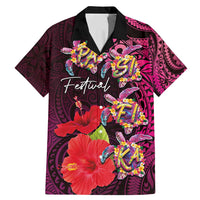 Pasifika Festival Family Matching Mermaid Dress and Hawaiian Shirt Plumeria Turtles with Hibiscus - Polynesian Art Tattoo Pink Color LT03 Dad's Shirt - Short Sleeve Pink - Polynesian Pride