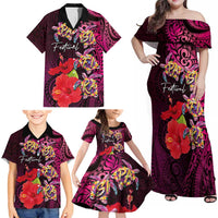 Pasifika Festival Family Matching Off Shoulder Maxi Dress and Hawaiian Shirt Plumeria Turtles with Hibiscus - Polynesian Art Tattoo Pink Color LT03 - Polynesian Pride